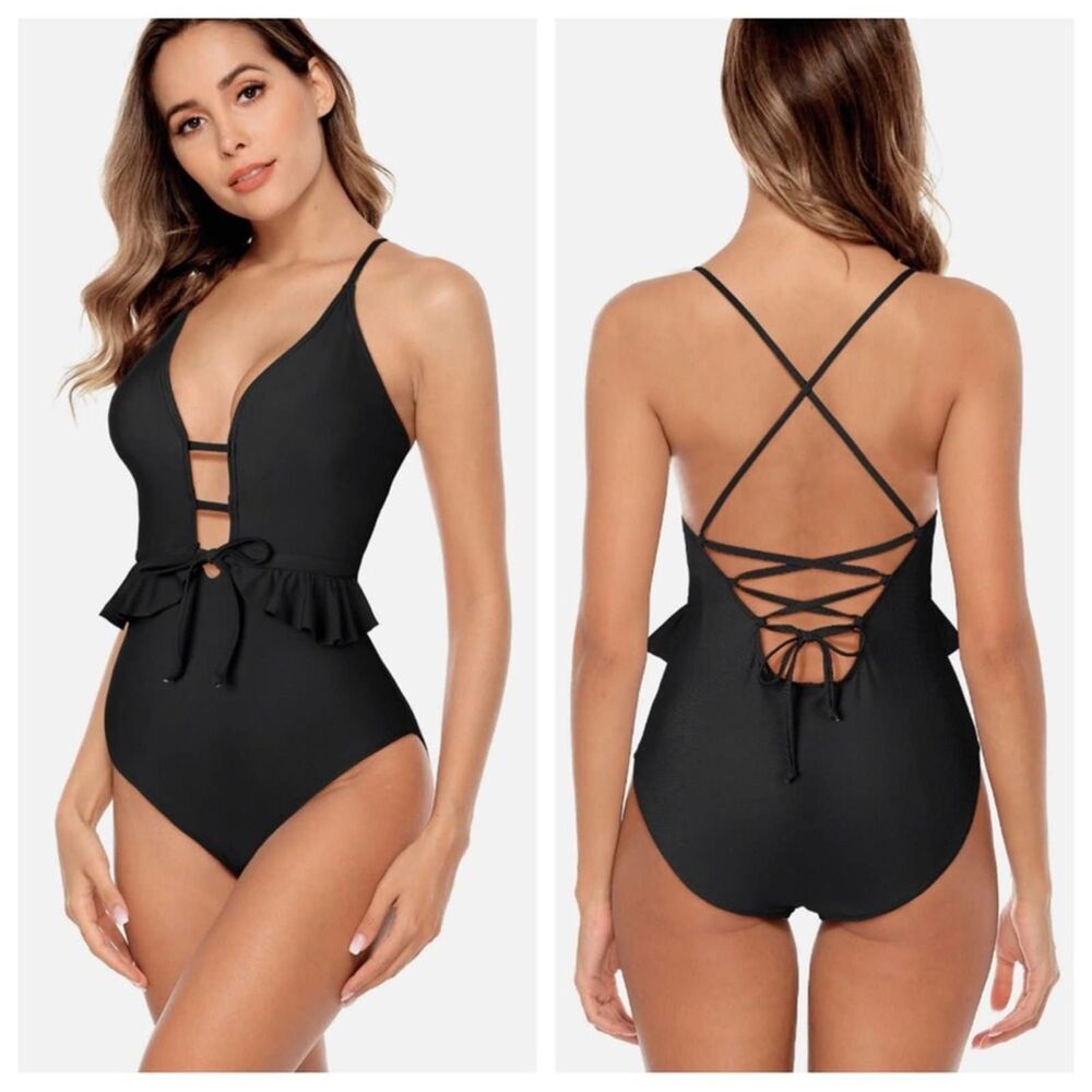 NWT Ruffle Black Swimsuit One Piece Sexy Neckline Lace-Up Tie Lingerie Style
